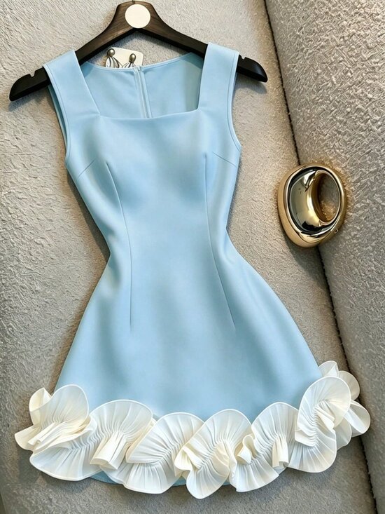 Dresses & Skirts - Blue Elegant Women's Patchwork Ruffle Hem Square Neck Sleeveless Dress